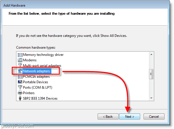 Zrzut ekranowy sieci Windows 7 - wybierz karty sieciowe