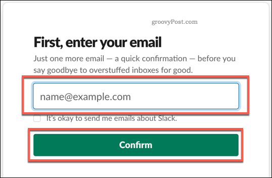 Podanie adresu e-mail w celu utworzenia konta Slack