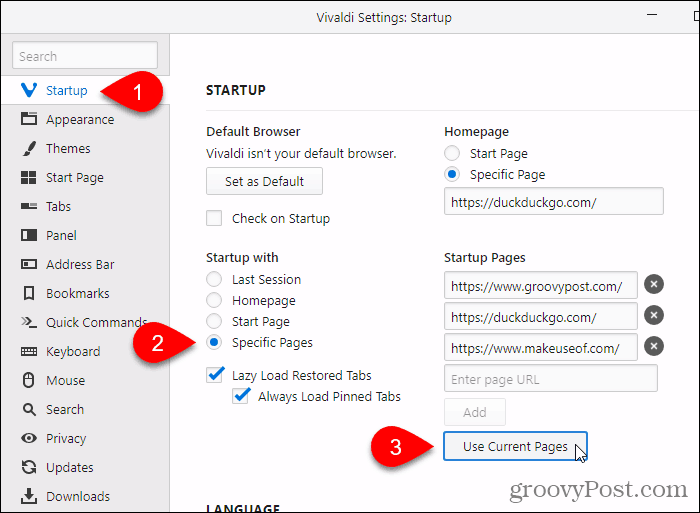 Kliknij Użyj bieżących stron w Vivaldi