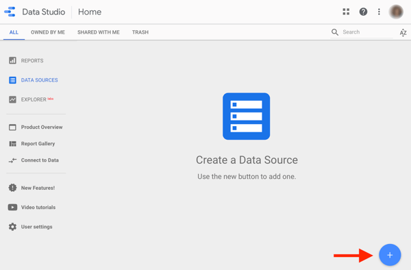 Użyj Google Data Studio do analizy swoich reklam na Facebooku, krok 1, opcja tworzenia źródła danych w Google Data Studio