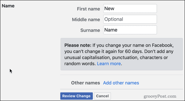 Przejrzyj zmiany nazwy na Facebooku