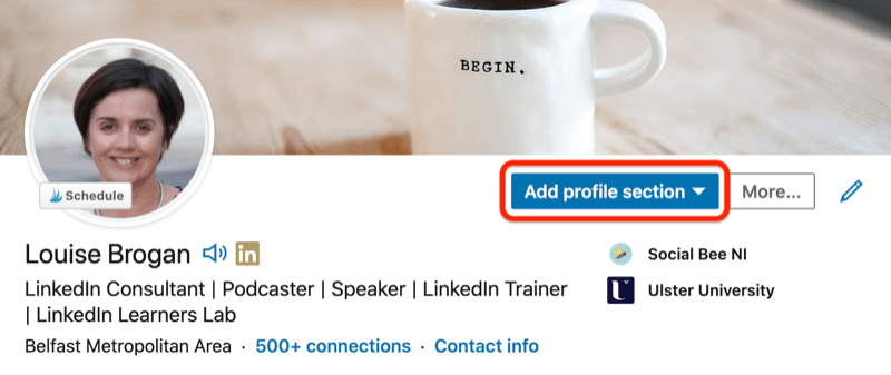 przykładowy profil linkedin z podświetlonym przyciskiem sekcji profilu reklamy