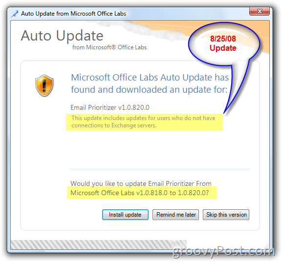 Zrzut ekranu automatycznej aktualizacji Microsoft Office Labs:: groovyPost.com