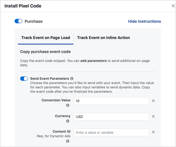 Ustaw parametry, aby wygenerować potrzebny kod zdarzenia na Facebooku.