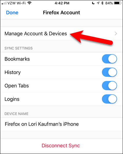 Stuknij Zarządzaj kontem i urządzeniami w Firefox na iOS