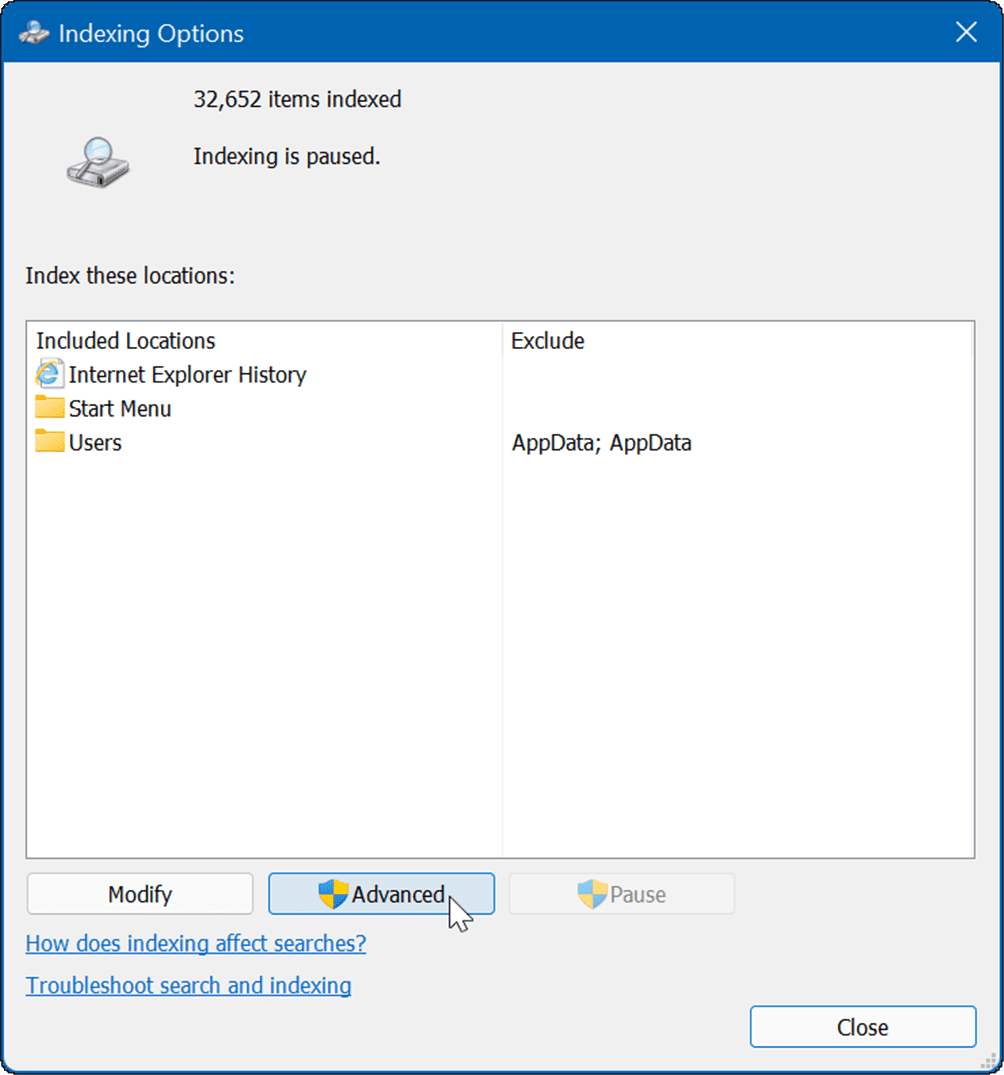 Zaawansowane opcje indeksowania ukrywają pliki i foldery przed wyszukiwaniem w systemie Windows 11