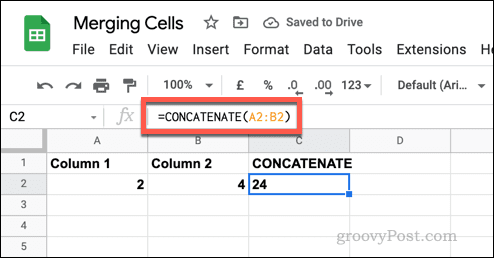 Przykład prostej formuły CONCATENATE w Arkuszach Google
