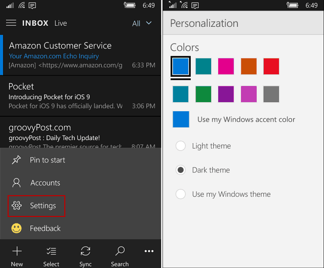 Aplikacja Poczta i kalendarz programu Outlook w systemie Windows 10 Mobile zyskuje ciemny motyw