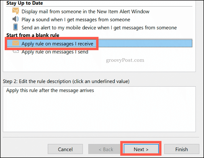 Tworzenie pustej reguły w Outlooku