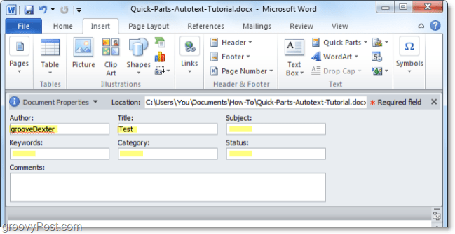 dostosuj właściwości dokumentu z panelu dokumentu w programie Word 2010