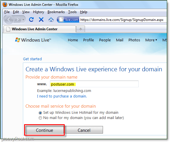 podaj nazwę swojej domeny do Windows Live