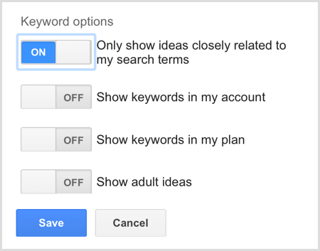 Opcje słów kluczowych wyszukiwania w Planerze słów kluczowych Google AdWords