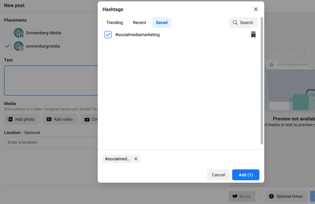 dodaj hashtagi do publikacji w Meta Business Suite Krok 2