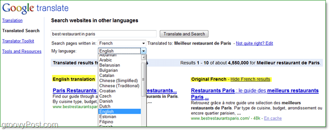 wyszukuj strony internetowe w różnych językach i czytaj je we własnym języku, korzystając z przetłumaczonego wyszukiwania Google