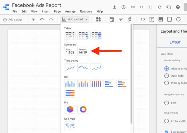 Użyj Google Data Studio, aby przeanalizować swoje reklamy na Facebooku, krok 8, opcja wyboru tabeli wyników w Google Data Studio