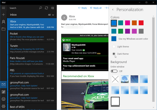 Ciemny motyw Windows 10 Mail