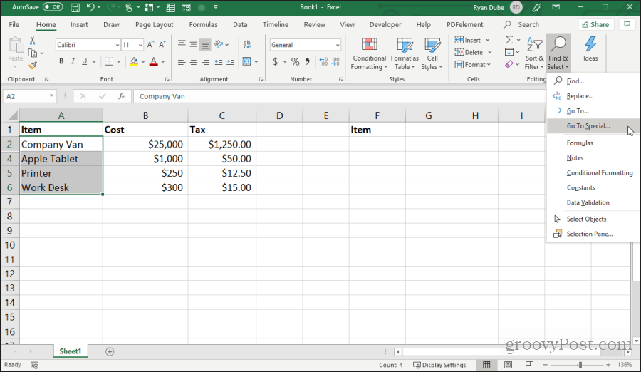 wybierając Idź do specjalnego w programie Excel