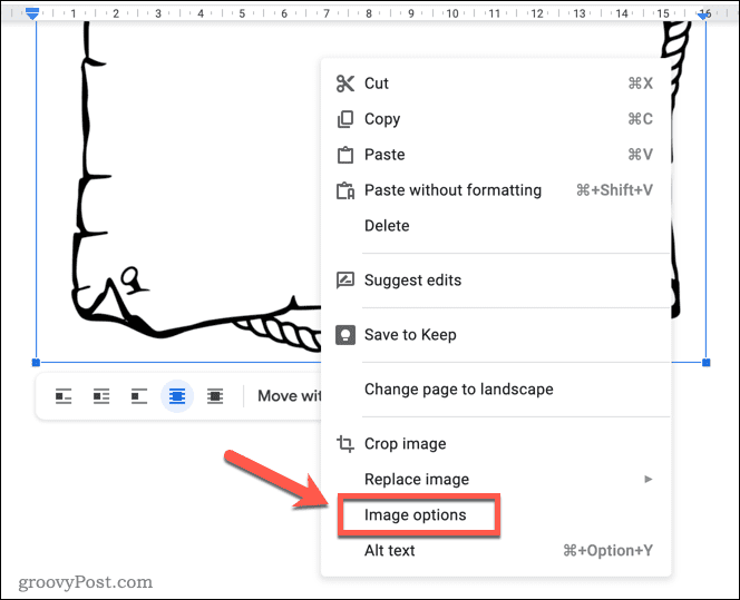 Otwieranie menu opcji obrazu w Dokumentach Google