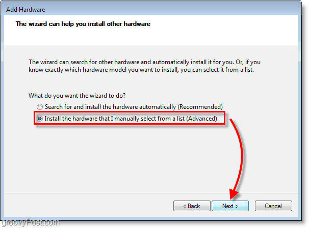 Zrzut ekranowy sieci Windows 7 - kliknij zainstalować sprzęt, który ręcznie wybieram listę formularzy (zaawansowane)