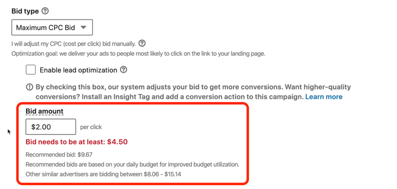zrzut ekranu z wiadomością w kolorze czerwonym: „Cena ofertowa LinkedIn musi wynosić co najmniej 4,50 USD”