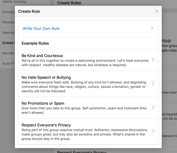 Jak ulepszyć społeczność grupy na Facebooku, przykład wcześniej napisanych zasad grupy na Facebooku