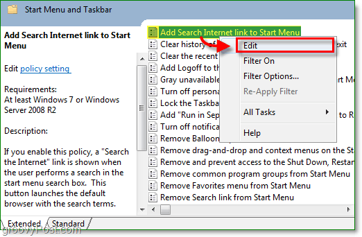 kliknij link dodaj wyszukiwanie internetowe, aby uruchomić menua, a następnie kliknij opcję edycji w menu kontekstowym systemu Windows 7 prawym przyciskiem myszy