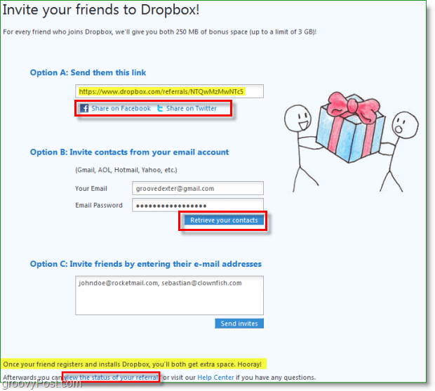 Zrzut ekranu Dropbox - wiele sposobów udostępniania zaproszeń do Dropbox