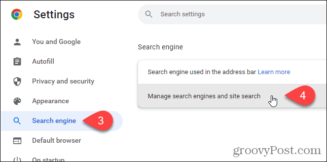 Kliknij Zarządzaj wyszukiwarkami i wyszukiwaniem w witrynie na ekranie Wyszukiwarka w Chrome