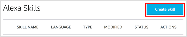 Kliknij przycisk Utwórz umiejętność, aby skonfigurować umiejętność Alexa.
