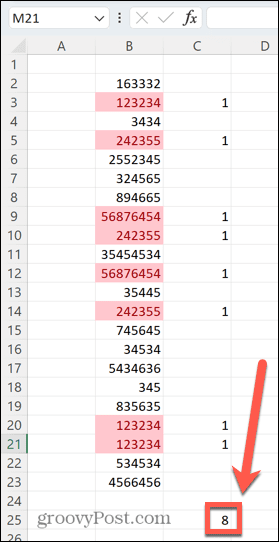 całkowita liczba duplikatów programu Excel
