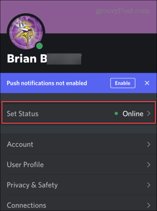 Ustaw status Discord mobile