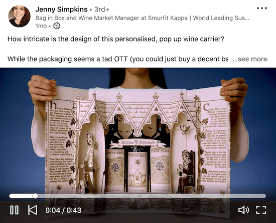 przykład filmu na linkedin od Jenny Simpkins pokazujący, jak wykorzystać wbudowane szczegółowe opakowanie opakowania wina, aby zrobić wrażenie