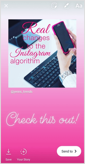 Dodaj tekst, naklejki lub inne elementy do udostępnionego dalej posta w swojej historii na Instagramie.