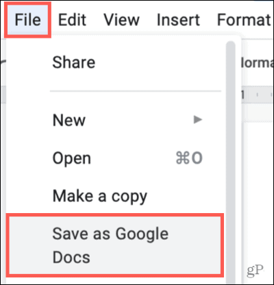 Kliknij Plik, Zapisz jako Dokumenty Google