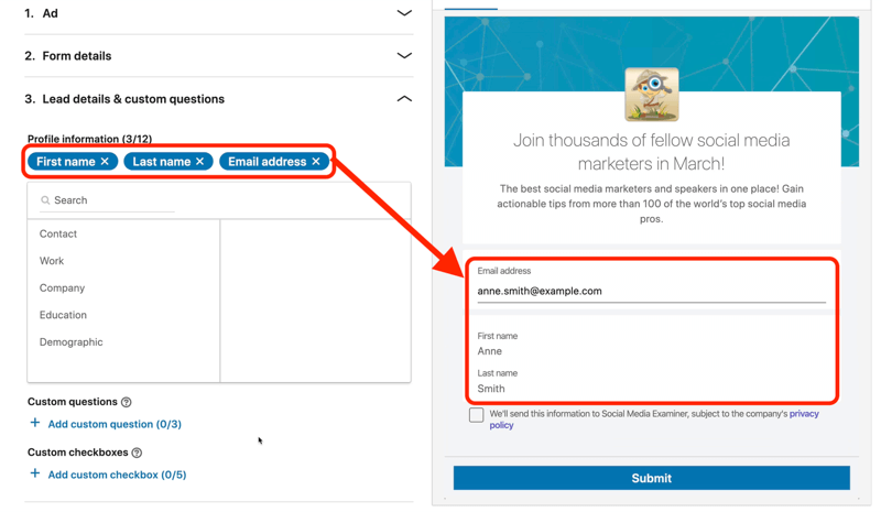 zrzut ekranu z domyślnymi ustawieniami formularza generowania potencjalnych klientów w konfiguracji reklam LinkedIn