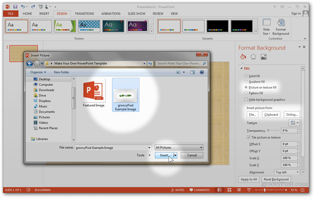 Szablon pakietu Office 2013 Utwórz Utwórz projekt niestandardowy POTX Dostosuj slajdy Samouczek Jak obrazować wypełnienie tekstury zdjęcia Importuj plik schowka