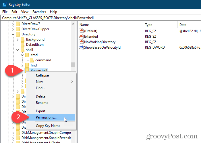 Wybierz Uprawnienia dla klucza PowerShell w Edytorze rejestru systemu Windows