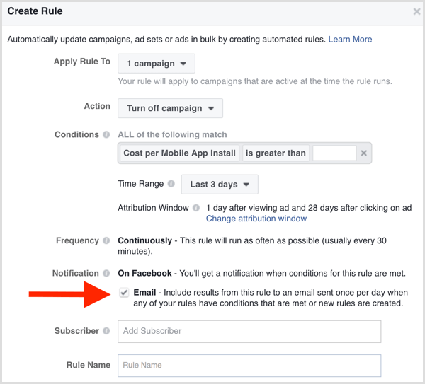 Powiadomienie e-mail o automatycznej regule Facebook Ads Manager
