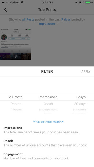 filtr statystyk profilu biznesowego na Instagramie