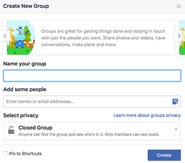 Nadaj swojej grupie nazwę, dodaj osoby i określ ustawienia prywatności.