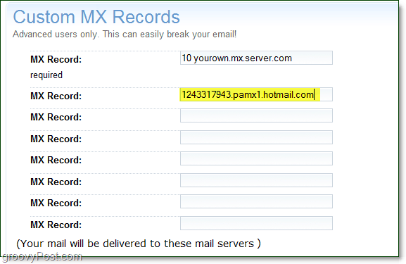 wklej informacje o serwerze na żywo usług mx na stronę zaawansowanych opcji domeny dla niestandardowych rekordów mx