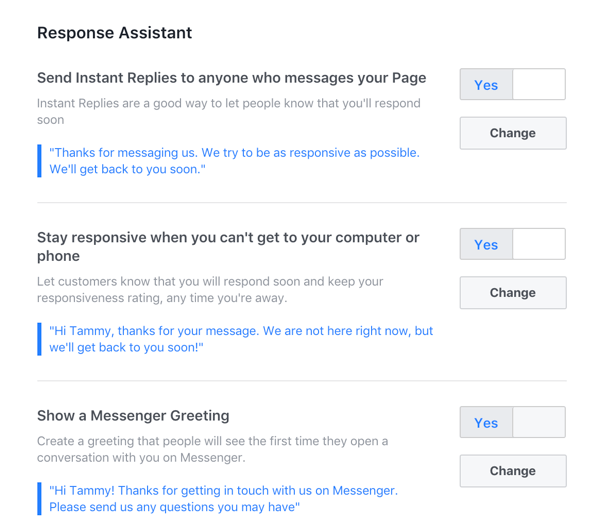 Skonfiguruj dowolne odpowiedzi quto, których chcesz użyć na swojej stronie biznesowej na Facebooku.