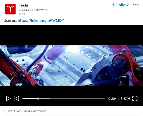 Przykładowy wpis wideo na stronie firmy Tesla LinkedIn.