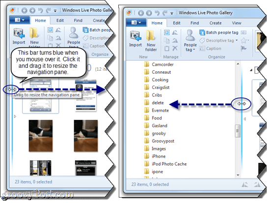 Zmień rozmiar okienka nawigacji w Galerii fotografii usługi Windows Live