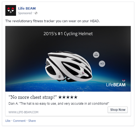 reklama lifebeam na Facebooku z recenzją użytkowników