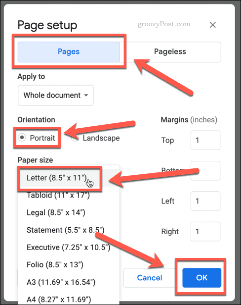 konfiguracja strony książki w dokumentach google