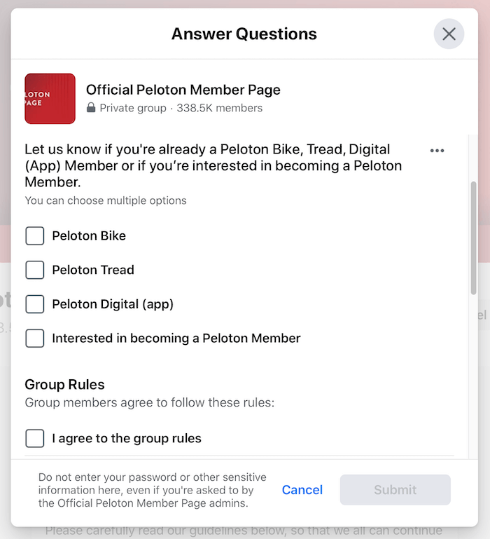 przykład pytań przesiewowych na Facebooku dla oficjalnej grupy stron członkowskich peletonu