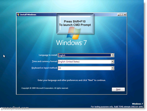 Instalacja Windows 7 - Uruchom CMD Monit przy użyciu Shift + F10