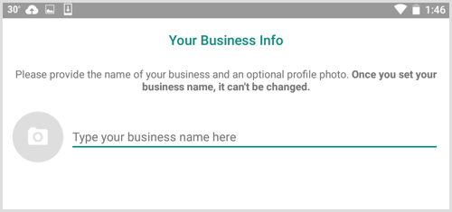 Wpisz nazwę swojej firmy na ekranie Informacje o Twojej firmie w WhatsApp Business