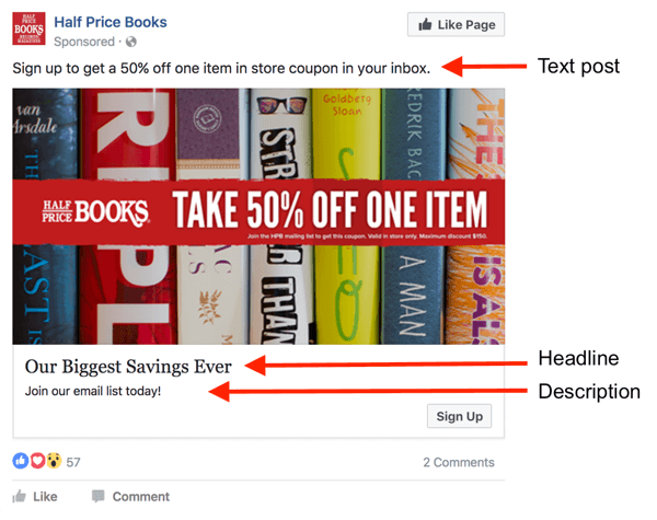 Istnieją trzy obszary na tekst w reklamie na Facebooku.